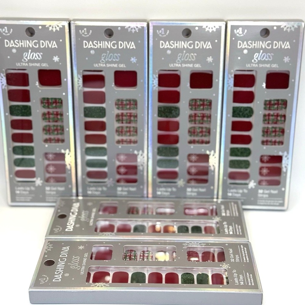 Dashing Diva Gloss Gel Nail Strips Dad Plaid Holiday Red Green Snowflake Lot (6)